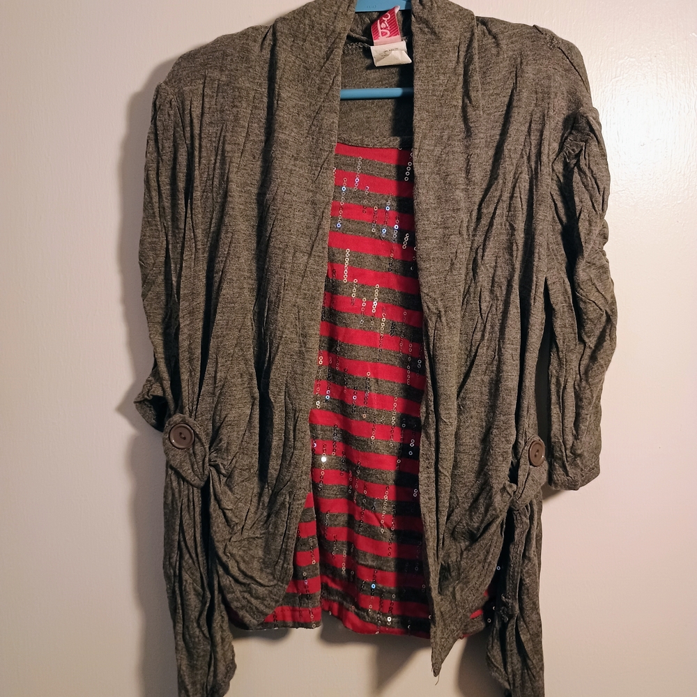 Piko 1988 Gray Cardigan with Red Striped Inner Shirt